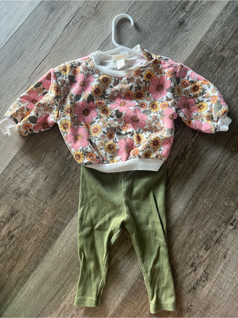 Cat & Jack Pink Floral Top with Olive Green Ribbed Leggings